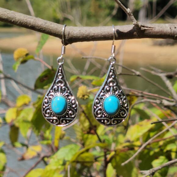 Blue Turquoise Dangle Earrings – Boho Silver Drop Jewelry for Women - Picture 8 of 14